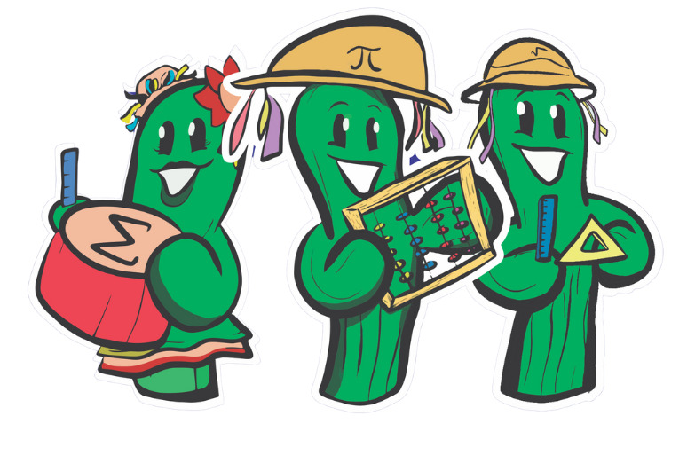 Trio de mascotes da Olimpíada Mandacaru de Matemática: Tonho, Zeca e Tica
