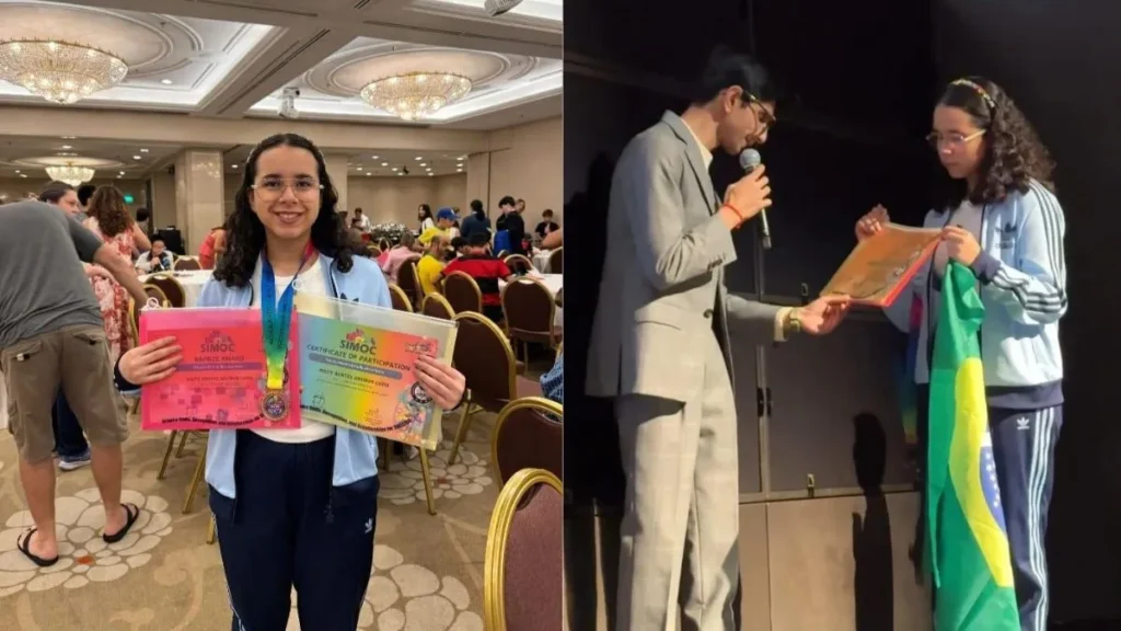 EStudante Maitê recebendo premiação na SIMOC - participam de olimpíadas científicas - olimpíadas do conhecimento - Desafio de Matemática em Singapura