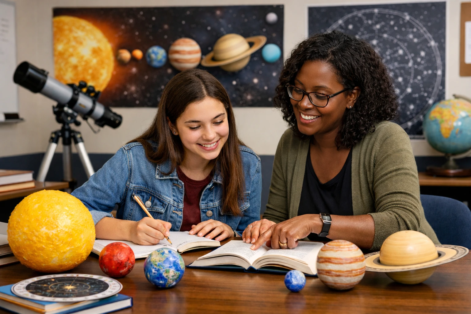 Estudante do ensino médio e professora estudando astronomia - olimpíada científica - olimpíada do conhecimento