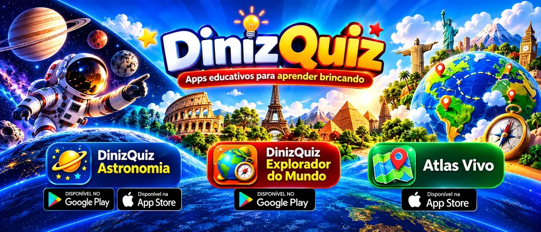 DinizQuiz — apps educativos para aprender brincando: DinizQuiz Astronomia, DinizQuiz Explorador do Mundo e Atlas Vivo